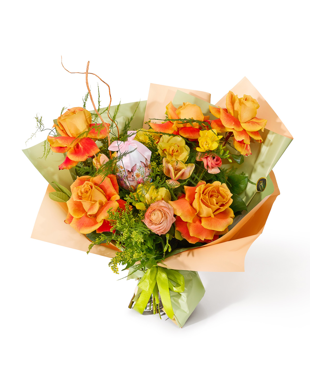 Buchet cu trandafiri portocalii, lalele galbene, frezii, ranunculus si narcise „Sunlit Roses”