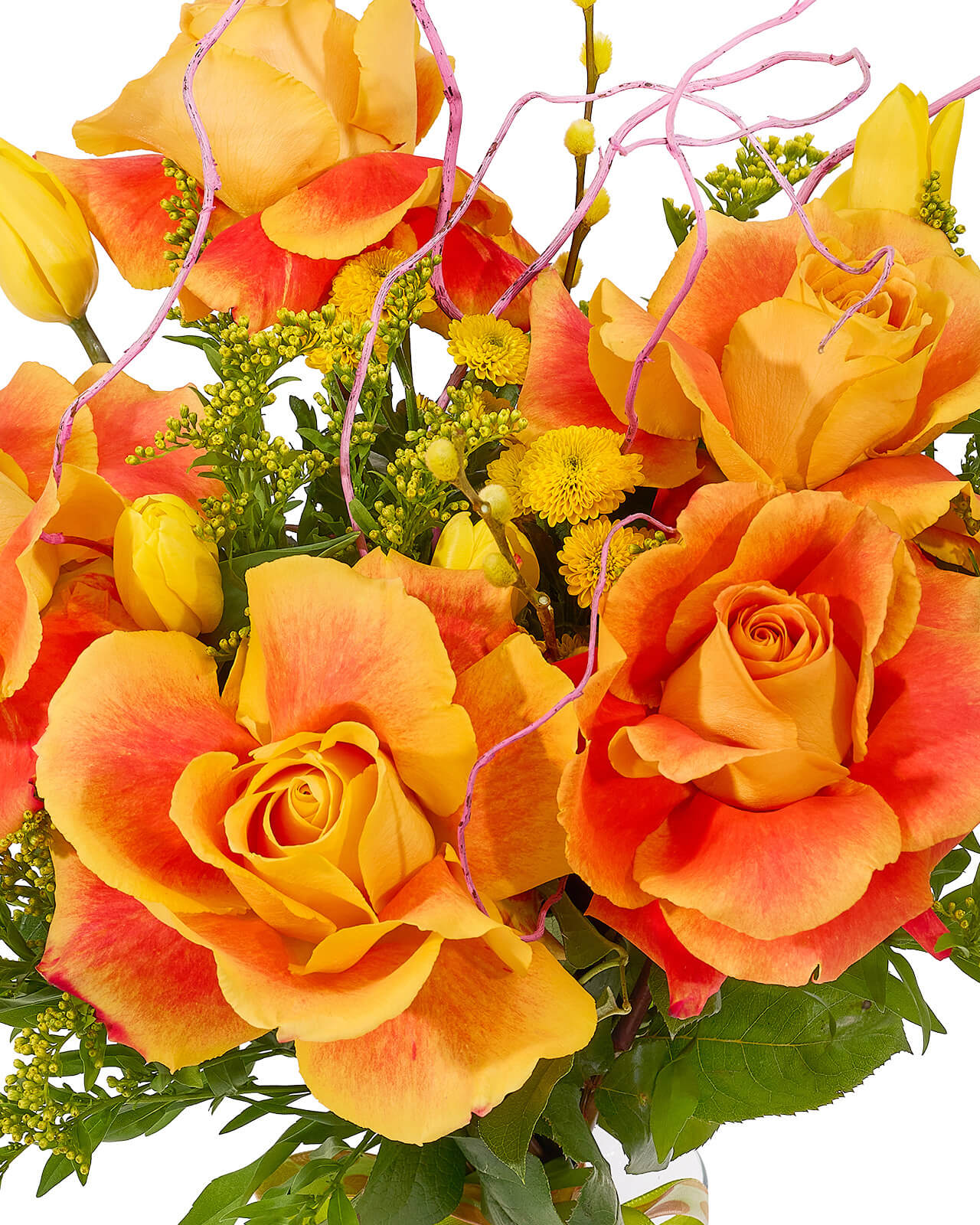 Buchet cu trandafiri portocalii, lalele galbene, santini galben, solidago si salix „Rosewood Melody”