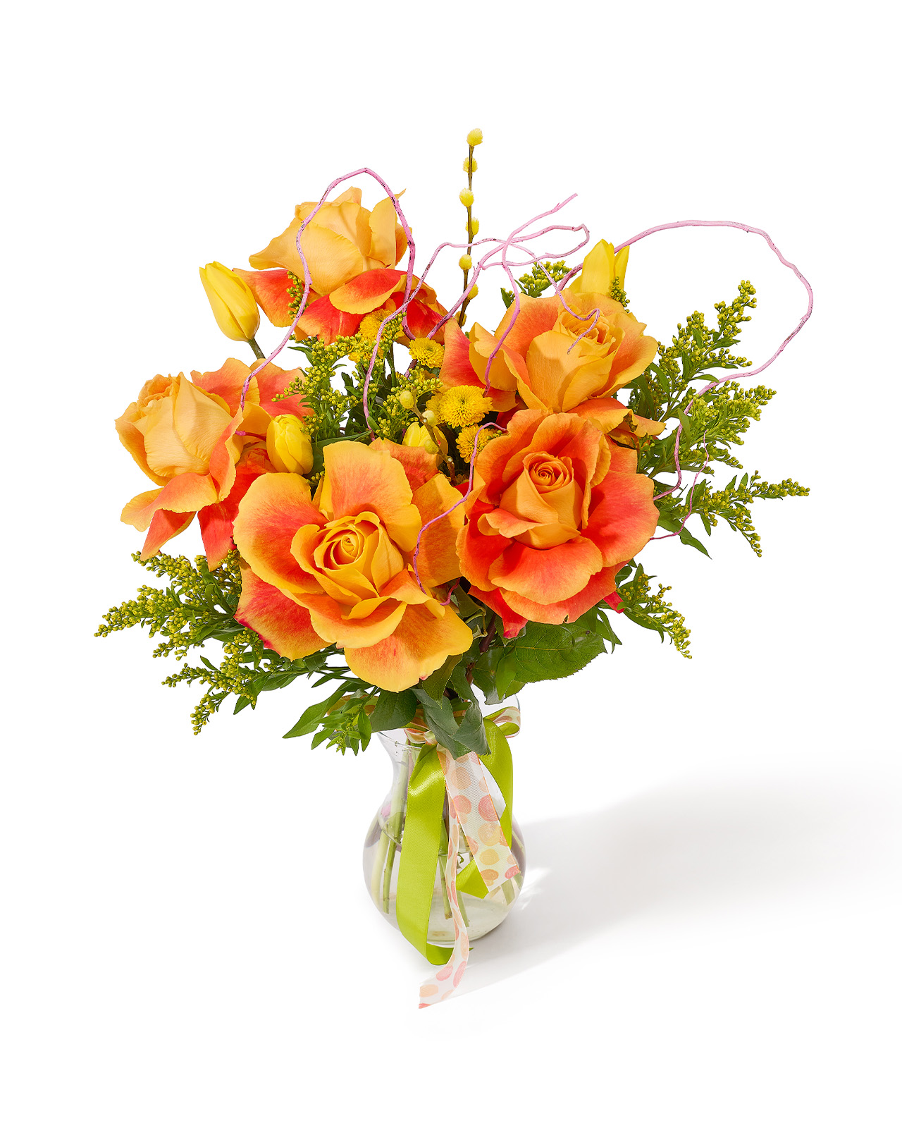 Buchet cu trandafiri portocalii, lalele galbene, santini galben, solidago si salix „Rosewood Melody”