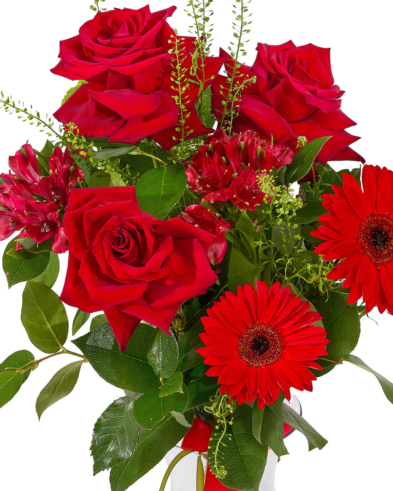 Buchet cu trandafiri rosii, gerbera rosie, alstroemeria si accente de verdeata „Rose Mirage”
