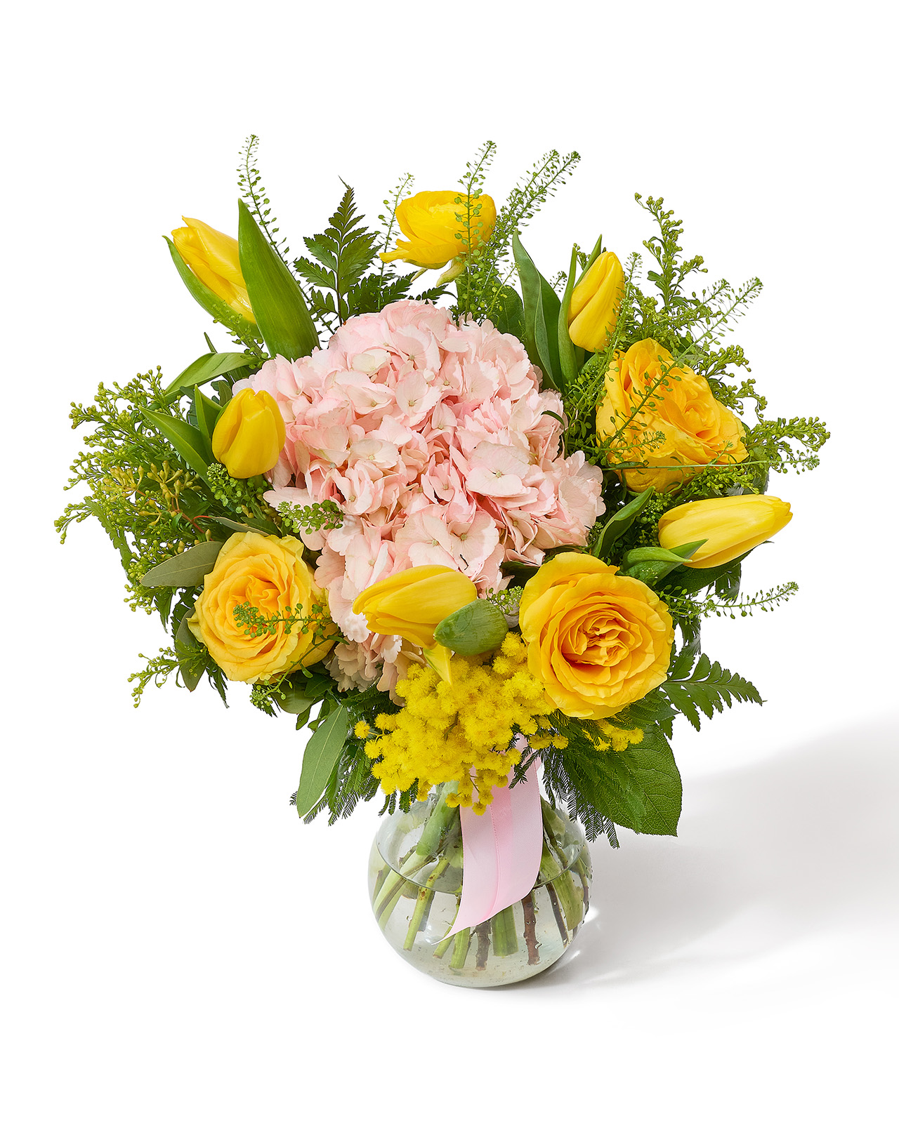 Buchet cu trandafiri și hortensie „Golden Horizon”