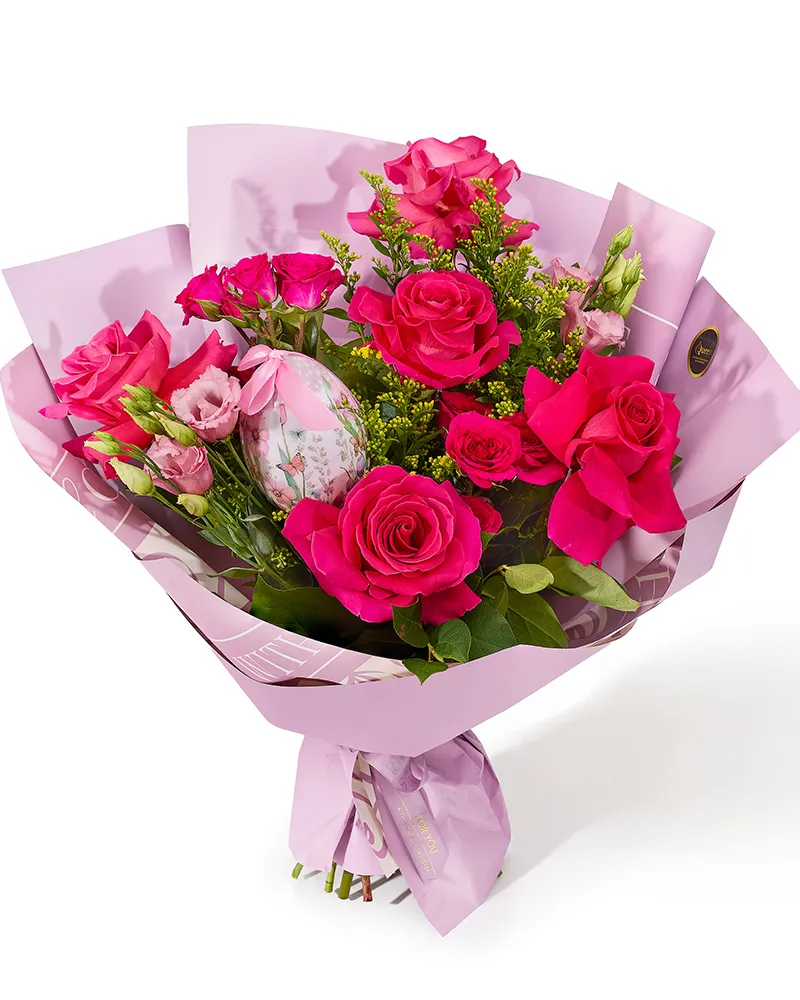 Buchet de Paste cu trandafiri Pink Floyd și minirose „Coral Whispering”