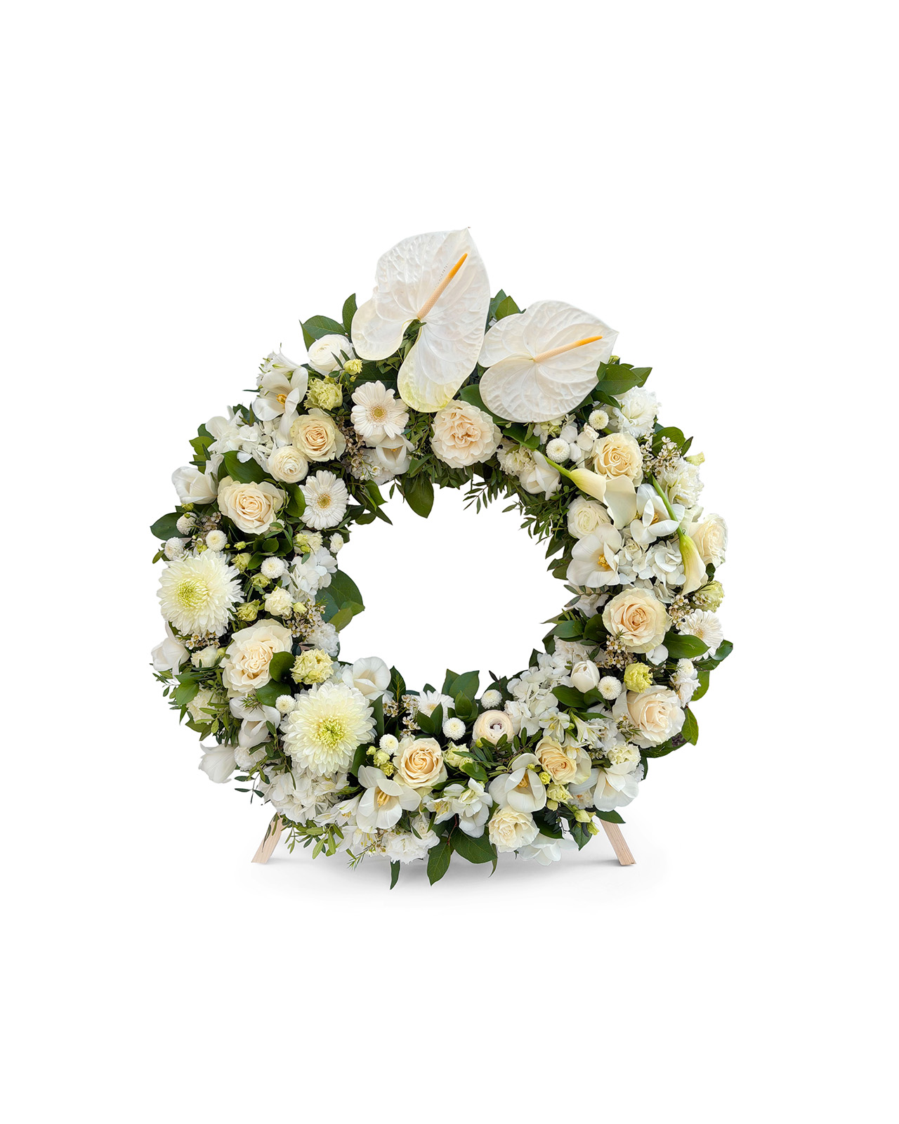 Coroana funerara rotunda cu flori albe: trandafiri, hortensie, minigerbera, anthurium, crizanteme-3