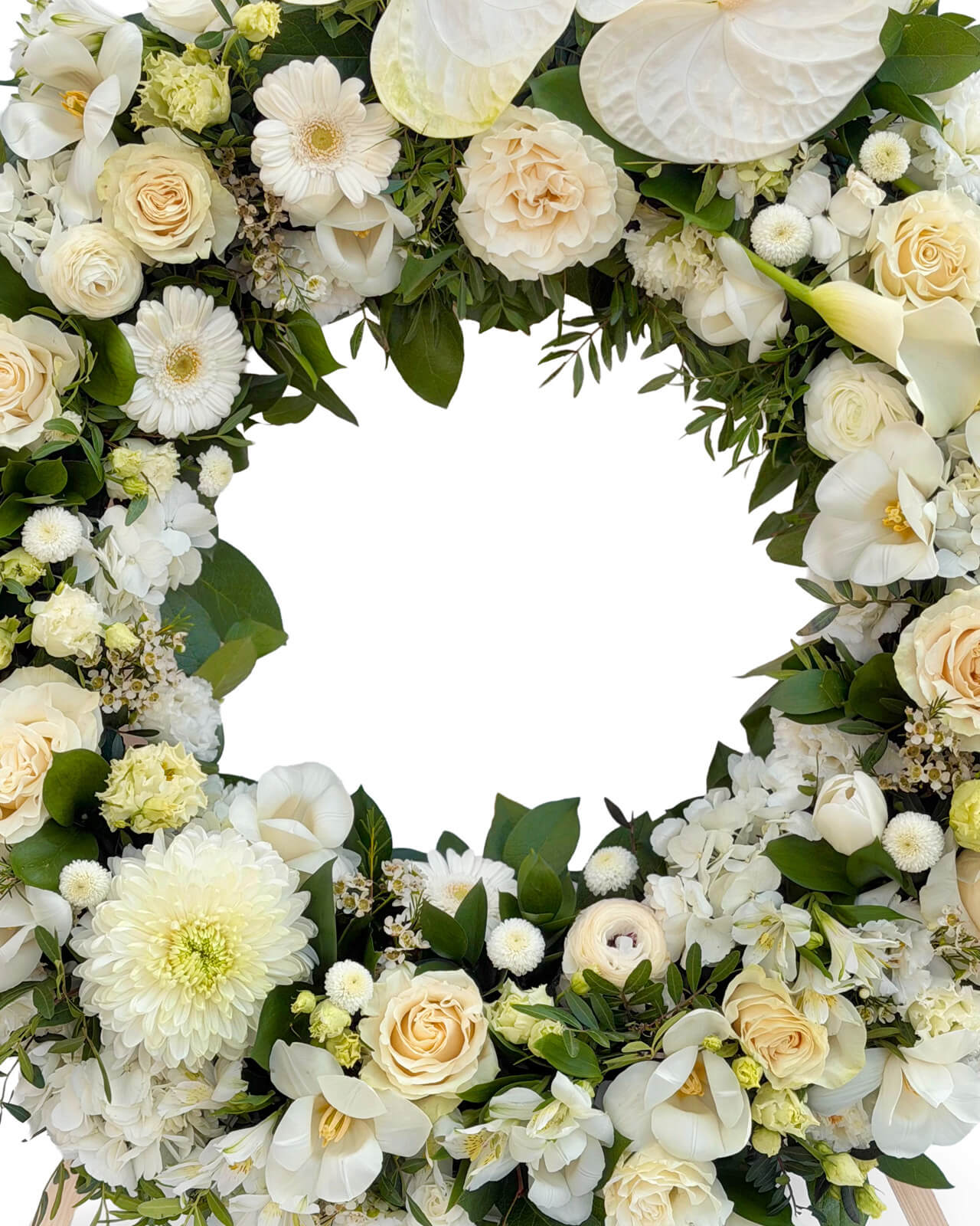 Coroana funerara rotunda cu flori albe: trandafiri, hortensie, minigerbera, anthurium, crizanteme