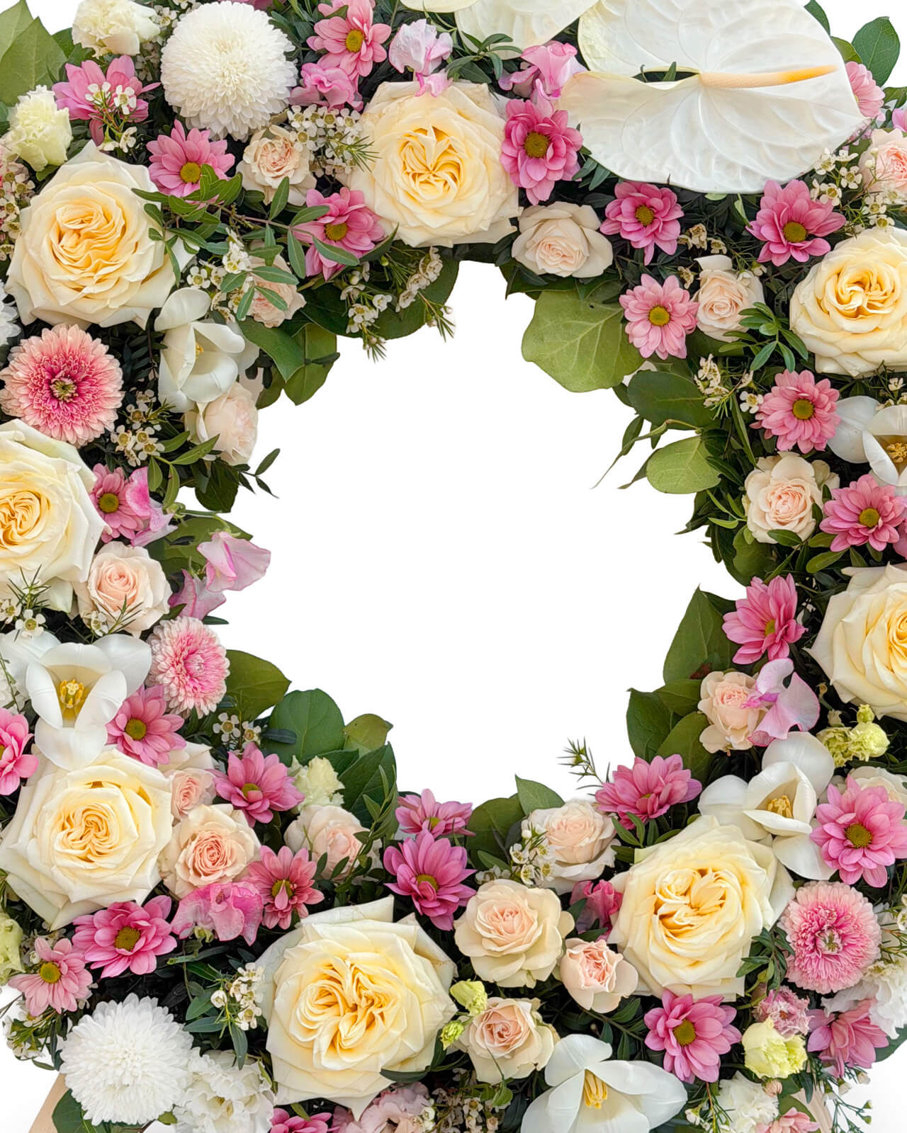 Coroana funerara rotunda cu trandafiri albi, minirosa, lalele, anthurium si lisianthus