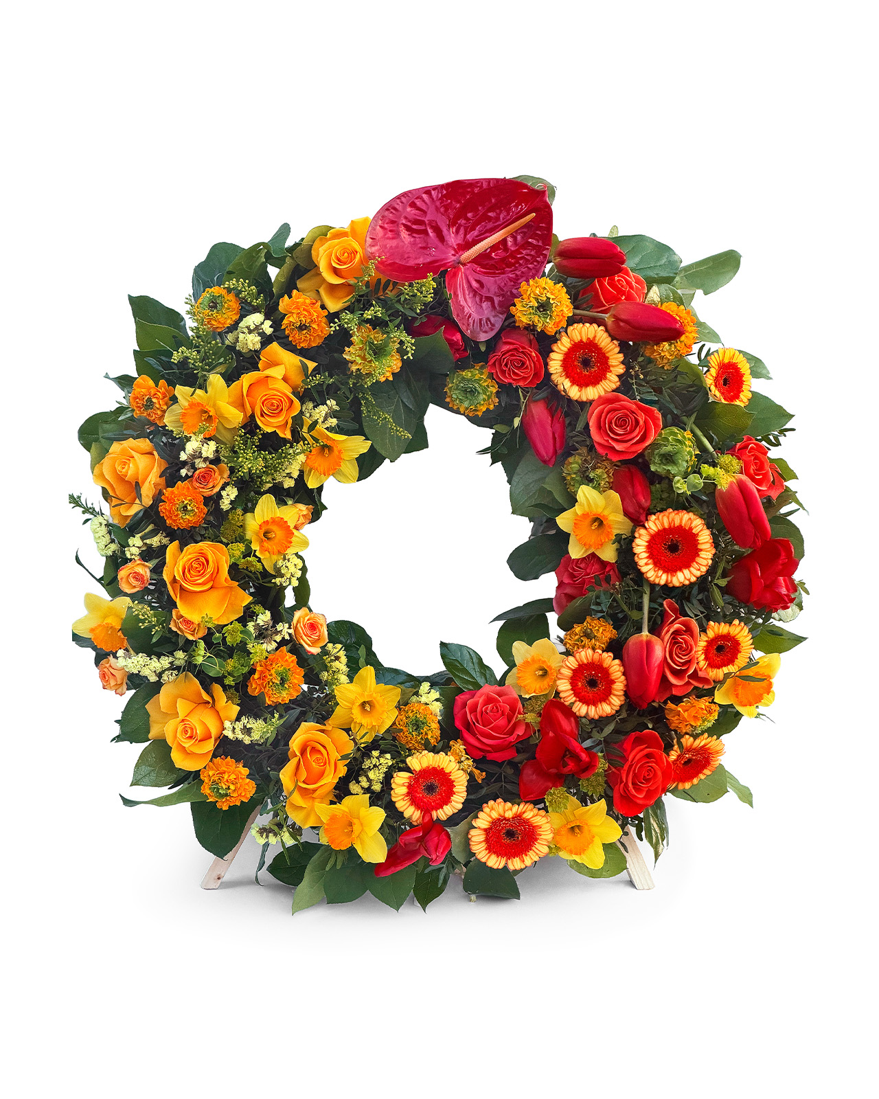 Coroana funerara rotunda cu trandafiri portocalii, anthurium rosu, minigerbera, lalele si ranunculus
